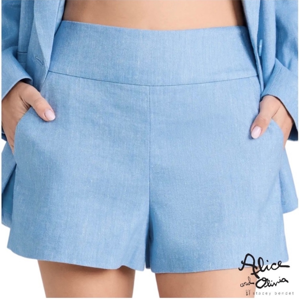 Alice + Olivia Donald High Waist Linen Blend Chambray Shorts Blue 8 - Picture 3 of 10